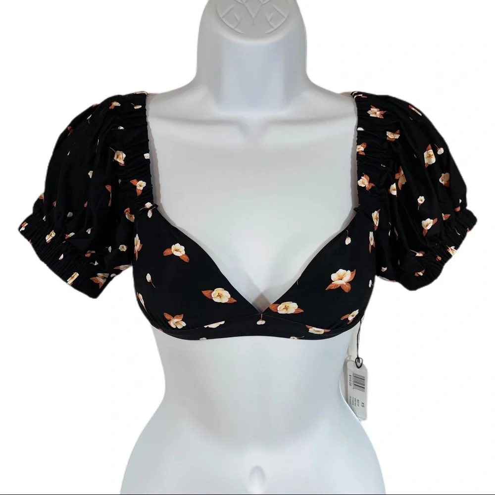 WeWoreWhat Bikini Top XS Floral Sweetheart Puff Sleeve Black - Picture 2 of 12